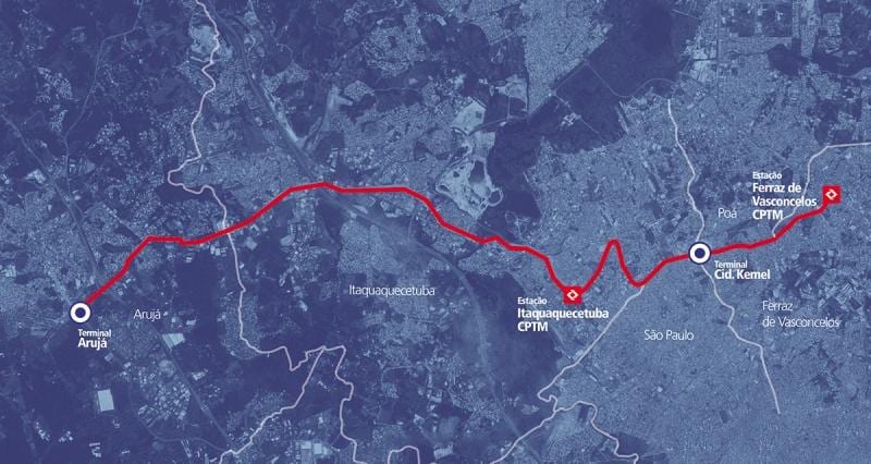 Карта коредоре БРТ метрополітан периметру Альто Тиете